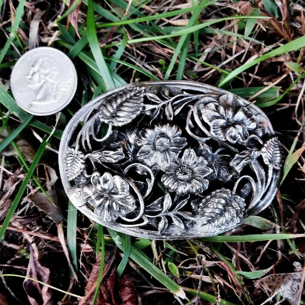 Oversized Vintage Danish 900 Silver Floral Brooch